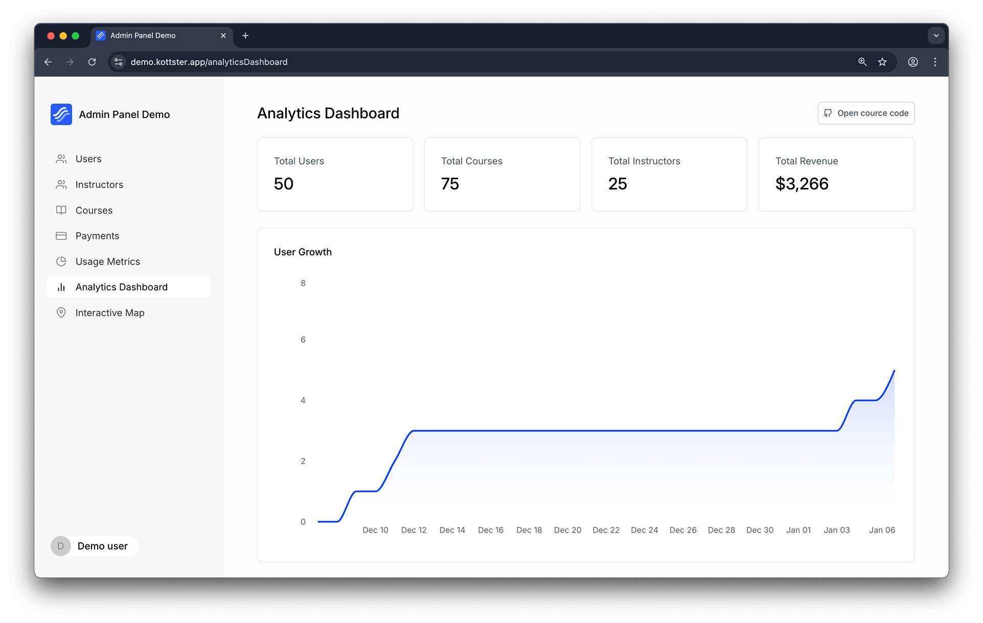 Example of a custom page in the admin panel
