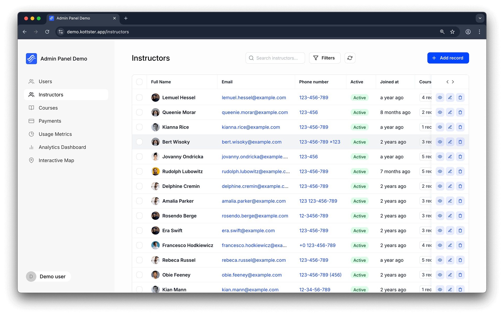 Example of a custom table page in the admin panel