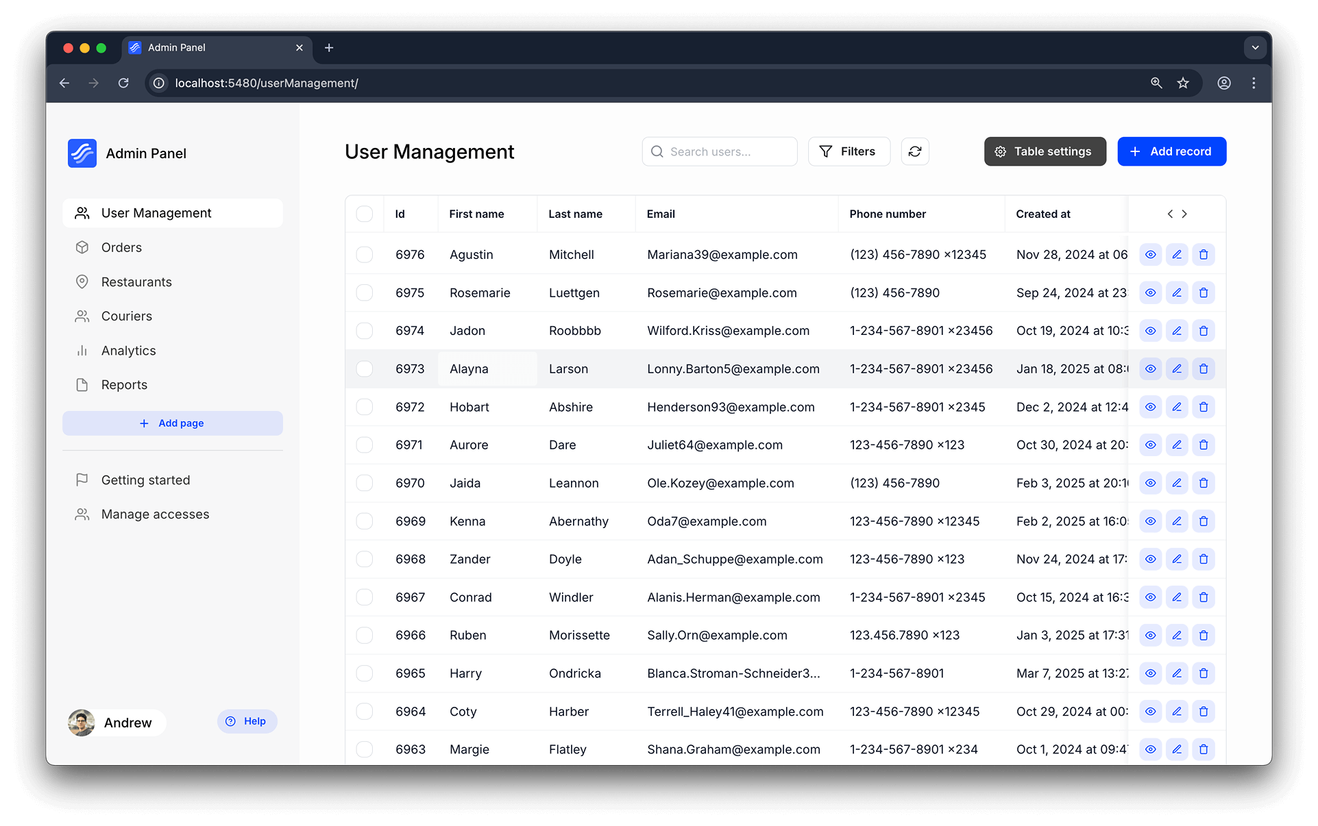 Example of a table page in the admin panel