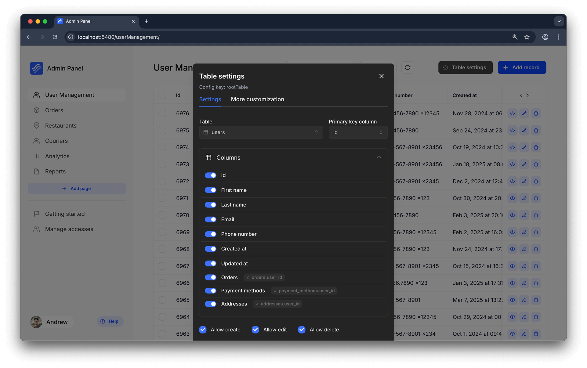 Visual editor for table page in the admin panel