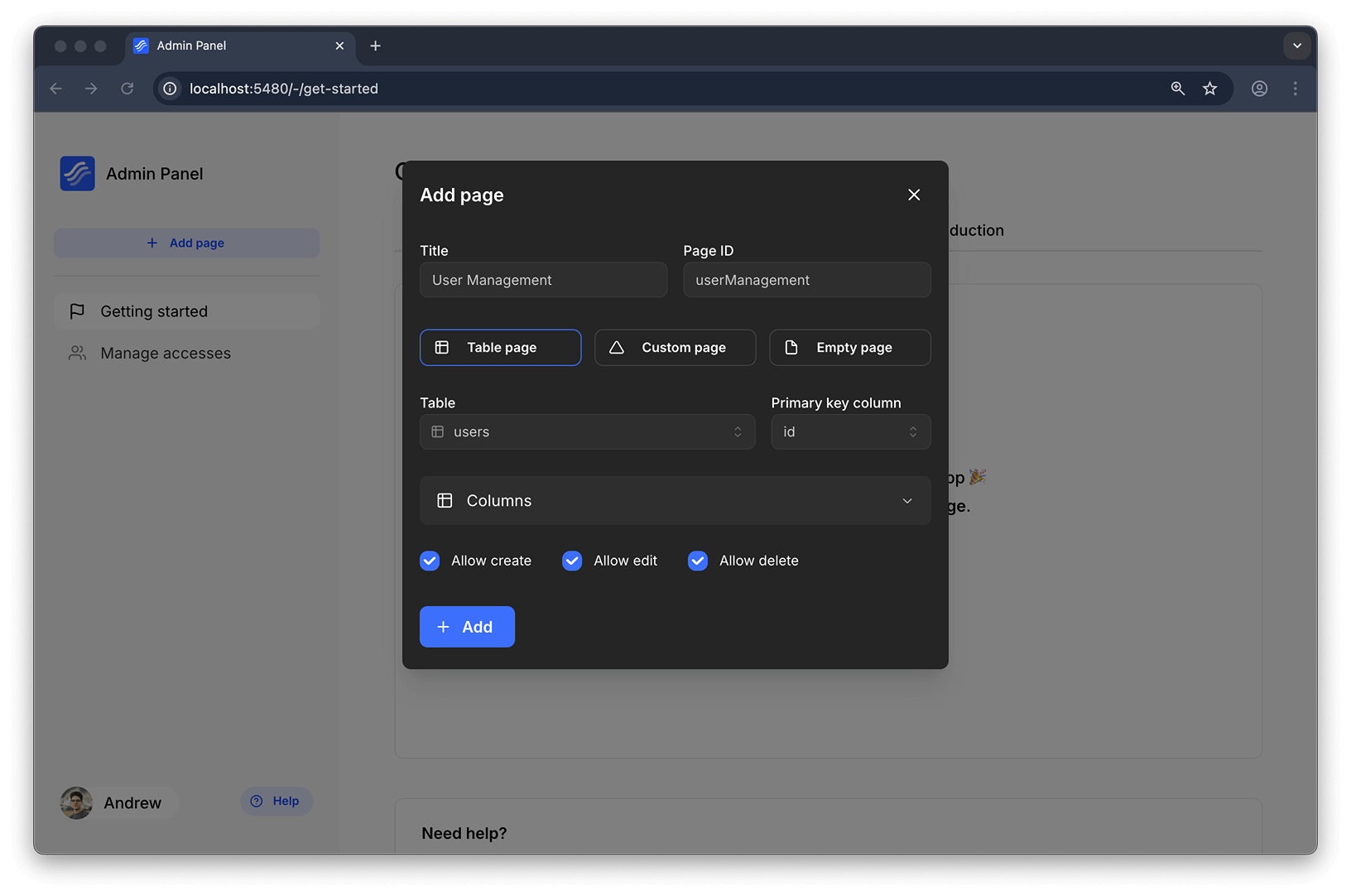 Modal for creating a new page